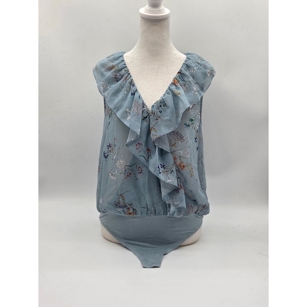 Willow & Clay Blue Floral Ruffle V-Neck Bodysuit 101-552